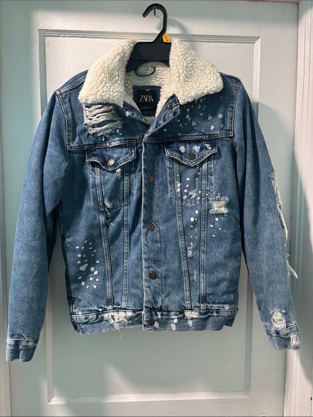 Zara Blue Distressed Denim Jacket with Cream Sherpa Collar and Paint Splatter